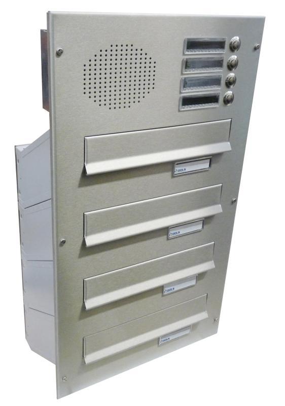 4x poštovní schránka D-041 šikmá do sloupku + čelní deska s 4x zvonkem a přípravou pro HM - NEREZ
